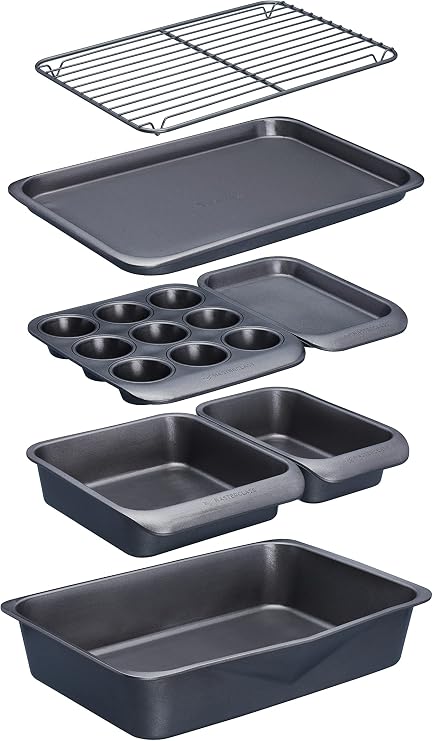 Seven-first Master Class KitchenCraft Smart Space Non Stick Carbon Steel Stackable Bakeware Set Including Roasting Tin, Baking Trays and Muffin Tray, 7 Piece Set