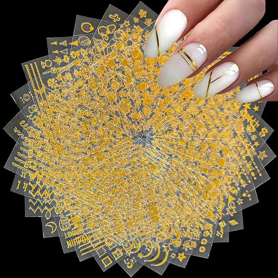30 Sheets Gold Nail Stickers Decals Gold Star Moon Line Nail Art Stickers 3D Self-Adhesive Nail Decals for Nail Art Leaf Flower Nail Design Decorations for Women Girls Manicure DIY