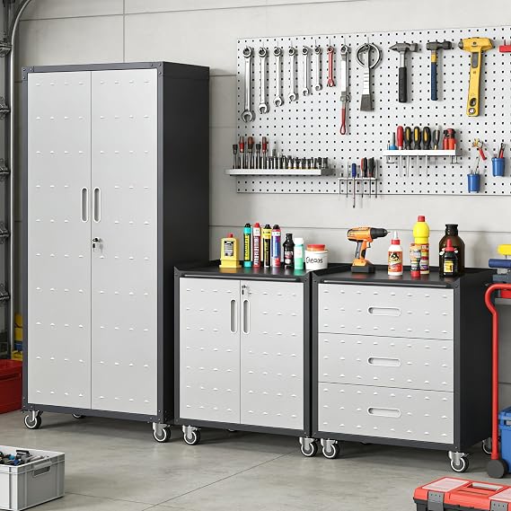 Metal Garage Storage Cabinets System 3PCS Heavy Duty Workshop Set with Wheels, Mobile Tool Cabinets Kit for Garage Warehouse Utility Room