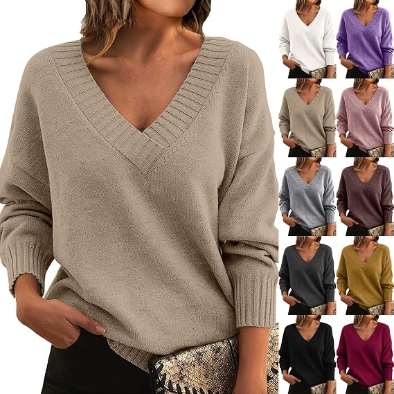 Fall Sweaters for Women V Neck Long Sleeve Knit Tops Loose Oversized Pullover Sweaters Lightweight Warm Jumper Tops