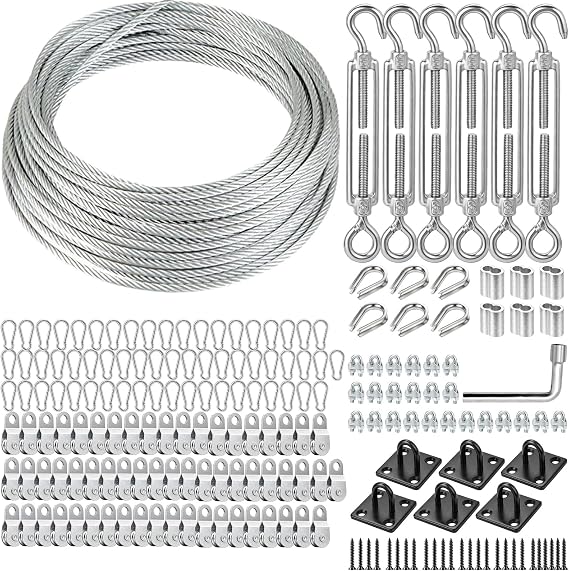 70FT Batting Cage Cable & 60 Pulleys & 60 Spring Hooks Kit, Heavy Duty Retractable Batting Cage Netting Net Wire Tension Hanging Kit, Batting Cage Frame for Indoor & Backyard, DIY Baseball