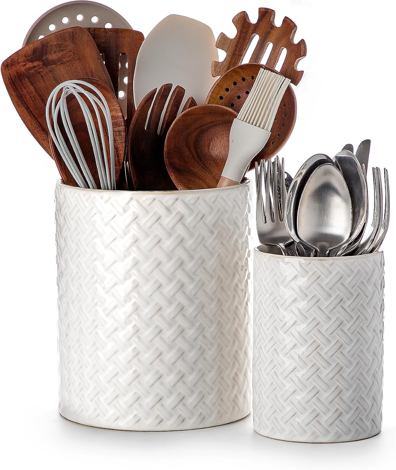 Utensil Holder - 7.25.4 Ceramic Utensil Holder for Kitchen Counter, Large Utensil Crock Flatware Organizer Spatula Holder for Counter, Farmhouse Embossed Vase for Housewarming, Home & Kitchen Decor