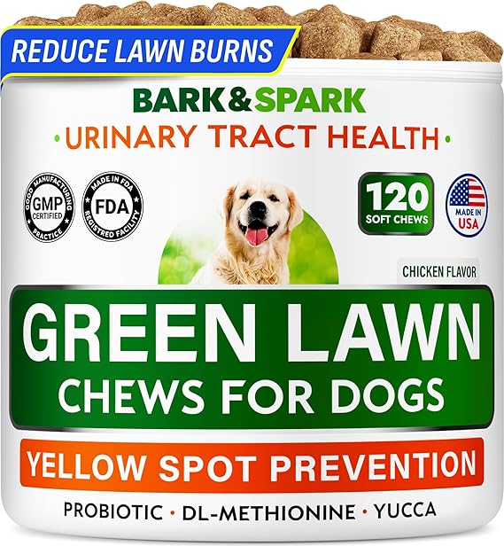 BARK&SPARK Green Grass Chews - Dog Pee Grass Spot Saver Caused by Dog Urine | Urine Neutralizer for Lawn, Gut Health Probiotics & Digestive Enzymes,Lawn Burn from Dog Urine, Grass Burn Spot Chews (120Ct)
