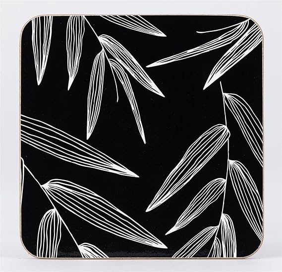 Cork Backed Coasters with Black and White Leaf Pattern, Square Shape, Set of 4