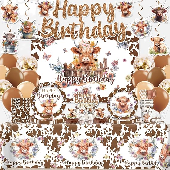 347pcs Brown Cow Birthday Decorations Include Tableware Set, Banner, Hanging, Tablecloth, Balloon, Cupcake Topper, Centerpiece, for Western Farm Animals Kids Birthday Baby Shower, Serves 50