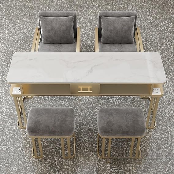 Manicure Table with Storage Drawers and Open Shelves Gold Metal Legs for Nail Technicians and Makeup Artists(100x40x78cm)