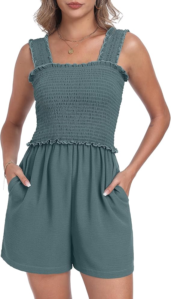 QIXING Women's Summer Casual Rompers Dressy Smocked Loose Comfy Short Jumpsuits Vacation Outfits With Pockets