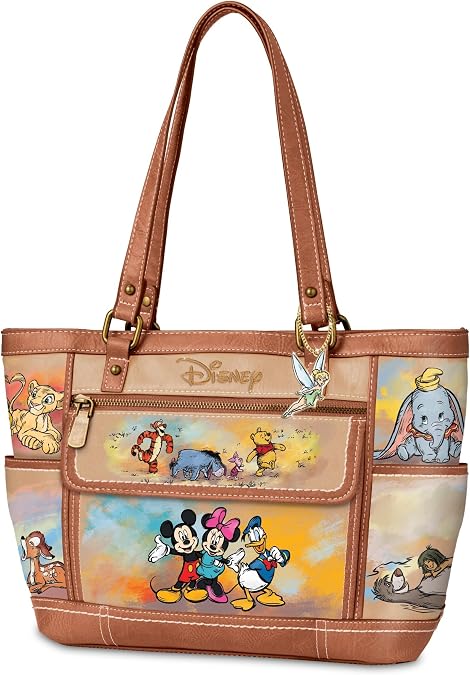The Bradford Exchange Disney Masterpiece Of Magic Beige Faux Leather Designer-Style Handbag Featuring A Whimsical Watercolor Print & Artwork Of Over 20 Beloved Characters (Multicolor)
