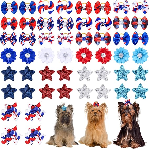 52Pcs/26Pairs Dog Bows with Rubber Bands Patriotic Dog Hair Bows Red White Blue Star Dog Grooming Bows for Labor Day Sport Event Dog Puppy Yorkie Pet Hair Accessories
