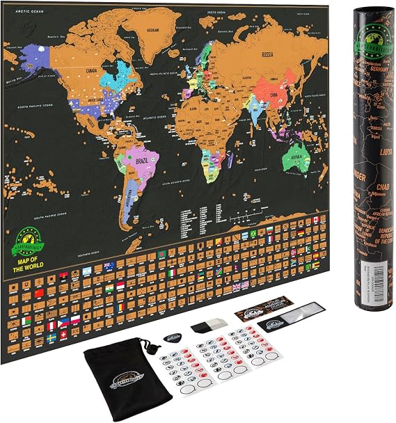 Scratch Off World Map Poster Deluxe Travel Map, Scratch Off Map of The World with US States and Country Flags, Tracks Where You Have Been, Full Accessories Set, Gift for Travelers, by Earthabitats