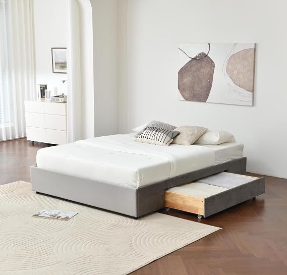 Platform Bed Frame with 2 Large Storage Drawers, Wood Slat Support, (Grey, Full) (Grey, Full)