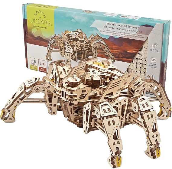 UGEARS Hexapod Explorer, Model Kit, 3D Puzzle, Walking Robot Wooden Model Kits for Adults to Build - Self-Propelled 6-Legged Mechanical Crawler Craft Kit
