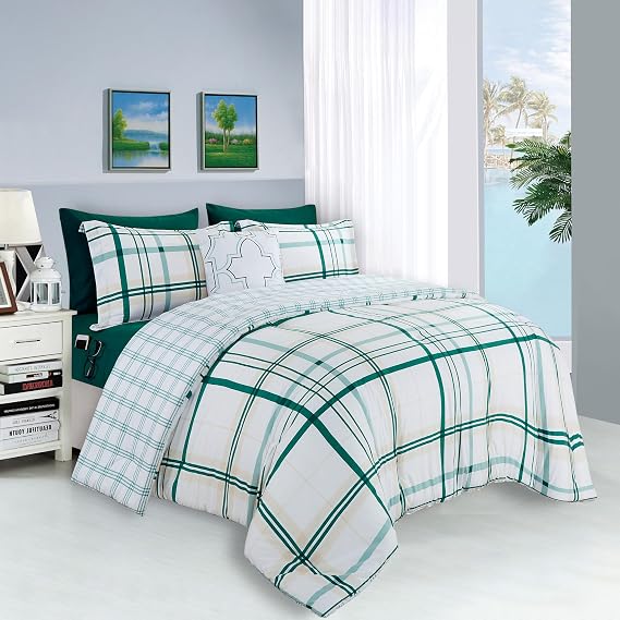 Elegant Comfort Silky Soft 8-Piece Plaid Lodge Bed-in-a-Bag Comforter Set, Includes 4pc Smart Sheet Set, Comforter, Decorative Pillow, Matching Pillowcases and Shams - Twin/Twin XL, Emerald Green