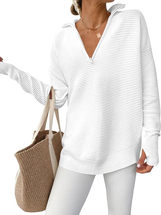 ANRABESS Women Long Sleeve V Neck Fall Sweater Quarter Zip Pullover