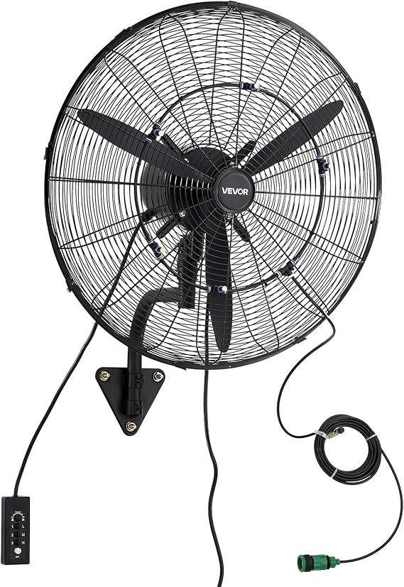 VEVOR Wall Mount Fan, 24 in Wall Mounted Hanging Fan with Oscillating & Mist, IP44-rated, 3-Speed, Powerful Air Reach, Mechanical Control, Long Airflow for Industry, Commercial, Garage, Workshop
