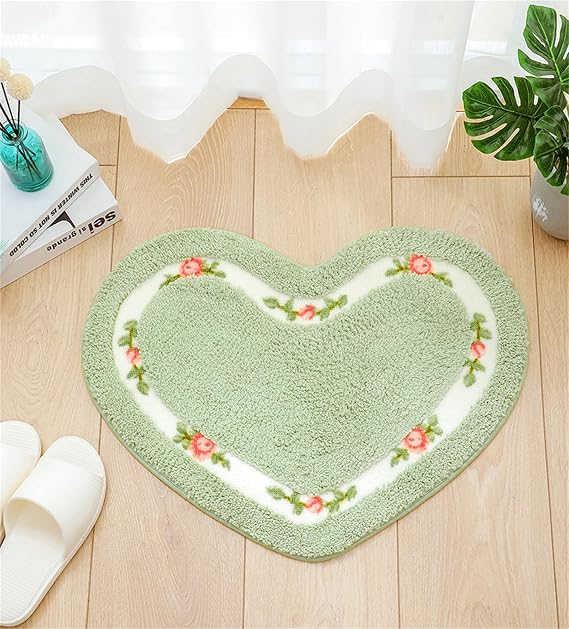 Heart Shaped Floral Rural Style Rug, Water Absorbent Bathroom Floor Mat, Shower Rug Bedroom Living Room Carpet (19.7x23.6inches, Green)