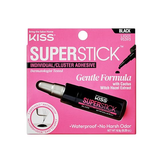 Kiss SuperStick Individual Lash Cluster Adhesive, Gentle Formula, 7 Day Hold, Cactus & Witch Hazel Extract, Dermatologist Tested, Waterproof Lash Glue, No Harsh Odor, Net Wt. 6.5g (0.23 oz.), Black