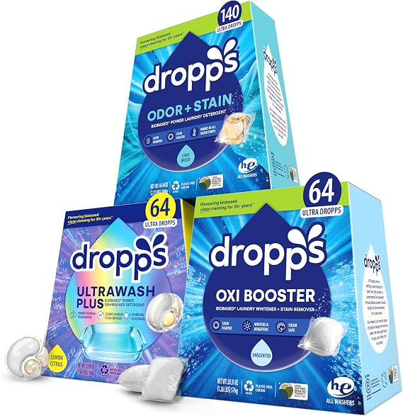 Dropps Bundle, Unscented Oxi Booster, Odor & Stain Laundry Detergent & UltraWash Plus Dishwasher Pods