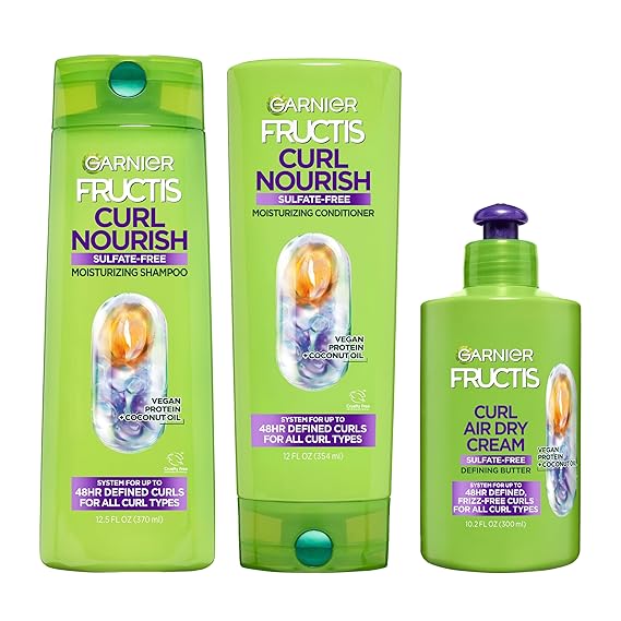 Garnier Fructis Curl Nourish Sulfate Free Moisturizing Shampoo, Conditioner + Air Dry Cream Defining Butter Set (3 Items), 1 Kit (Packaging May Vary)