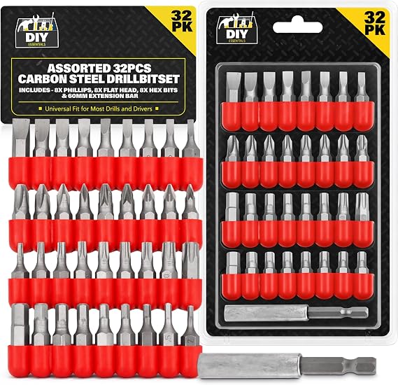 SOL 32pk Carbon Steel Drill Bit Set - Asosorted Drill & Screwdriver | Impact driver bits with 8 of each type, Phillips, Flat, Torx & Hex Bits, universal screwdriver set for versatile applications