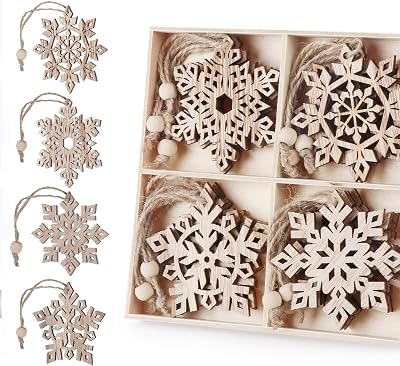 ilauke 16 pcs Unfinished Wood Snowflake Ornaments - 4 Styles with Twine, Tree Decorations & Surprise Tags 2.75-3