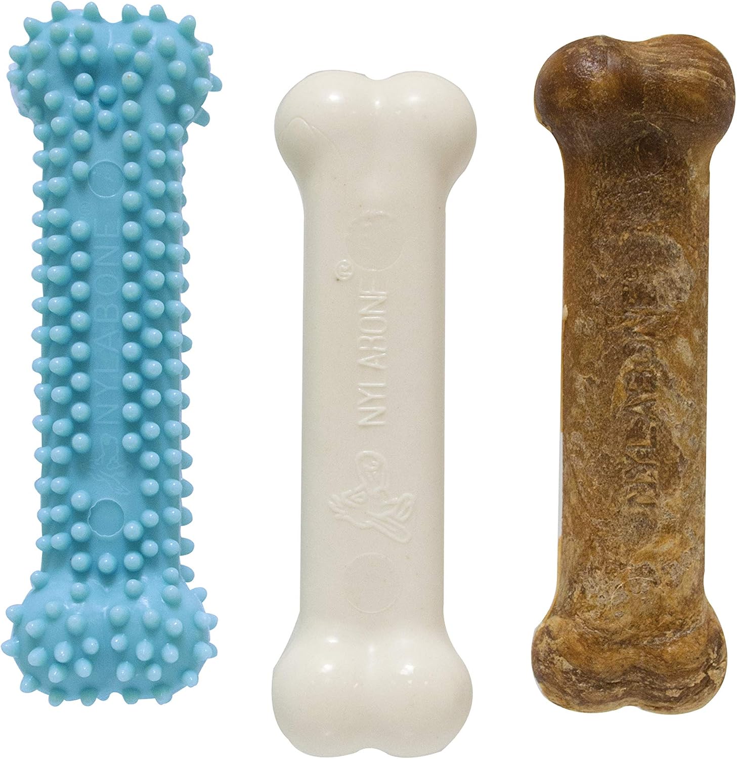 Nylabone Puppy Triple Pack - Blue Puppy Teething Toy, Nylon Dog Toy, Chew Treat Variety Pack - Puppy Supplies - Chicken and Bacon Flavors, SmallRegular 3 Count