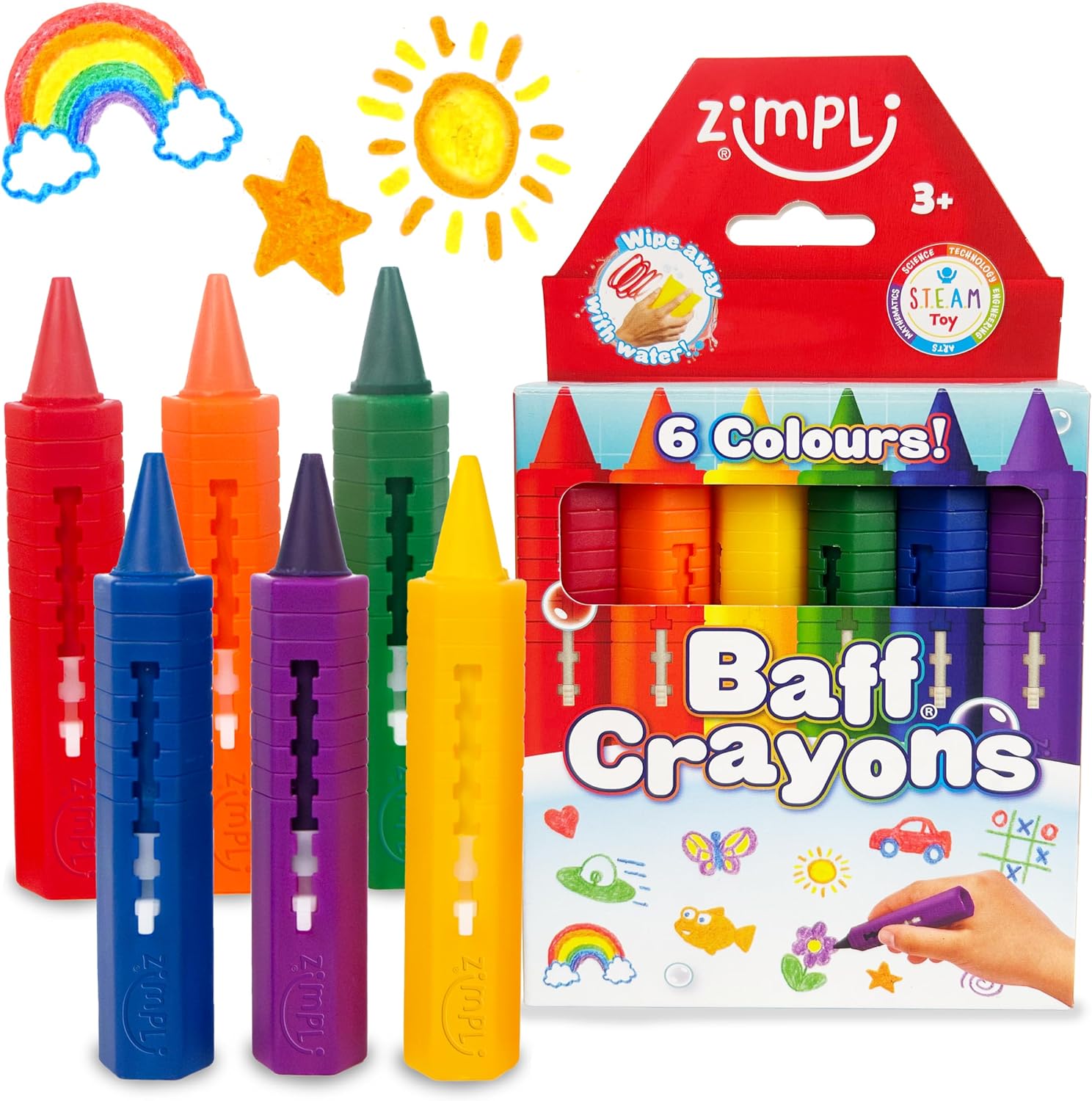 ZIMPLI - 6 Large Bath Crayons, Washable Colourful Kids Bath Pens, Creative Mess-Free Shower Toy, Wipe Clean Bath Fun, Paint Sticks for the Tub, Arts & Crafts