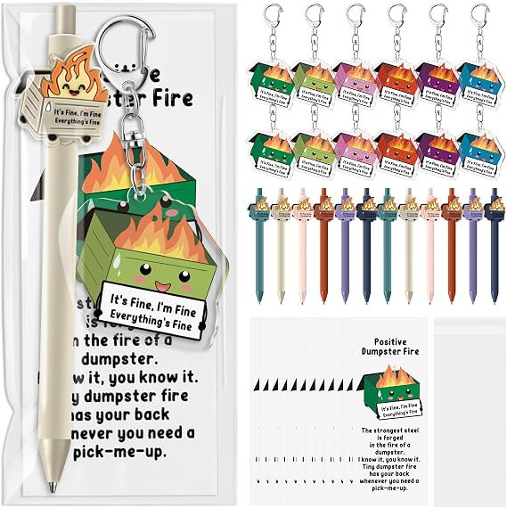 Sayglossy 12 Sets Back to School Gifts Dumpster Fire Response Team Funny Ballpoint Pens Acrylic Keychains Bookmarks for Students Nurse Teacher Office Employee Team
