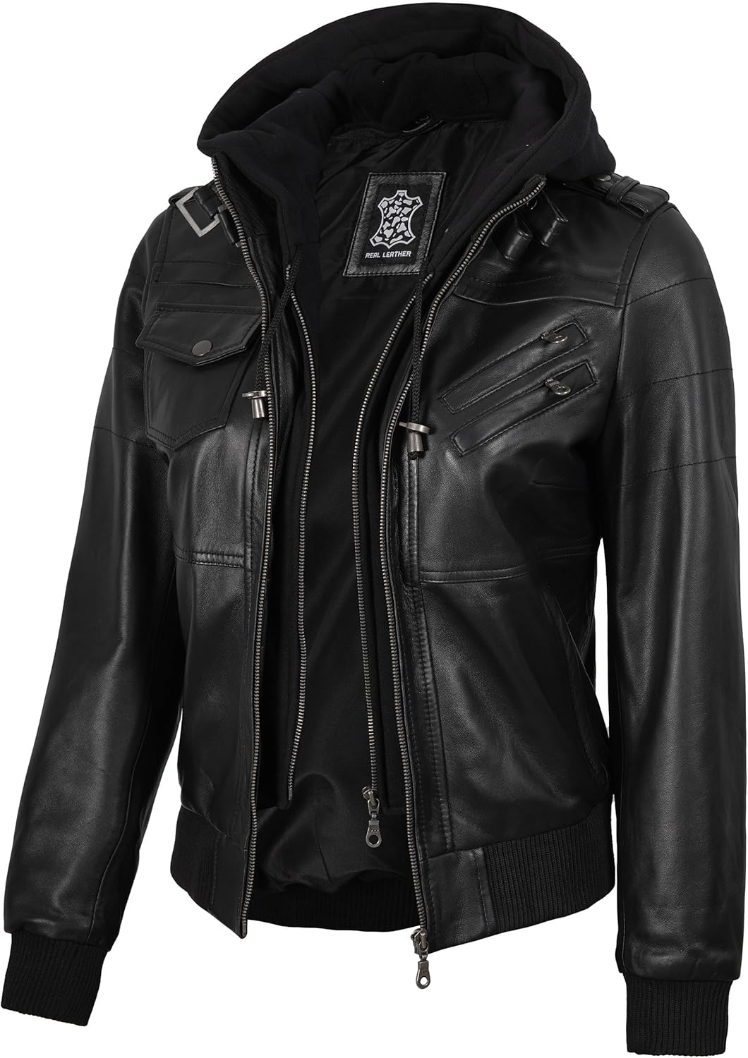 fjackets Leather Bomber Jacket Women - Real Lambksin Leather Jackets For Womens With Removable Hood