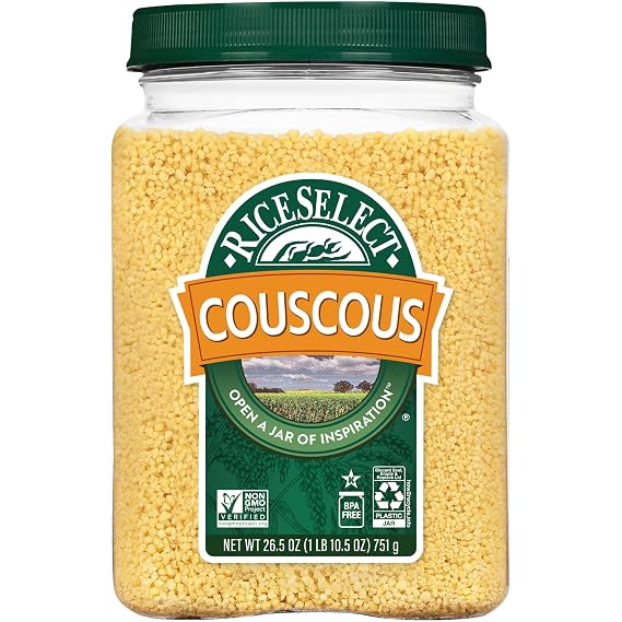 RiceSelect Couscous, Moroccan-Style Couscous Wheat Pasta | Tiny semolina pasta beads, ready in minutes, non-GMO, kosher, ideal for North African cuisine, 26.5-ounce jar