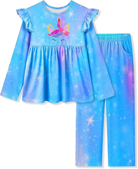 Girls Pajamas Long Sleeve, Unicorn Pajamas Set Toddler Pjs PJ Sleepwear Casual Wear for Kids 3-10 Years