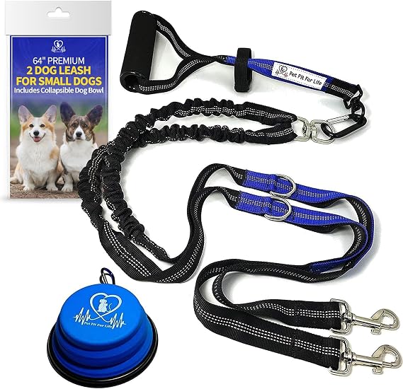 64" Lightweight Dual Dog Leash for Medium Dogs Premium No Twist Double Leash with Soft Foam Handle | Shock-Absorbing Bungee & Durable Design | Added Collapsible Water Bowl