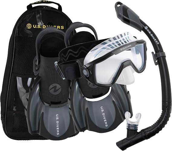 US.Divers Set Avila | Diving Kit, Mask, Fins and Snorkel with Purge for Adult UV Protection, Anti-fog Anti-leak lenses, Water Hiking, Snorkeling, Men Women, Silicone Mask, Adjustable Fins, Carry Bag