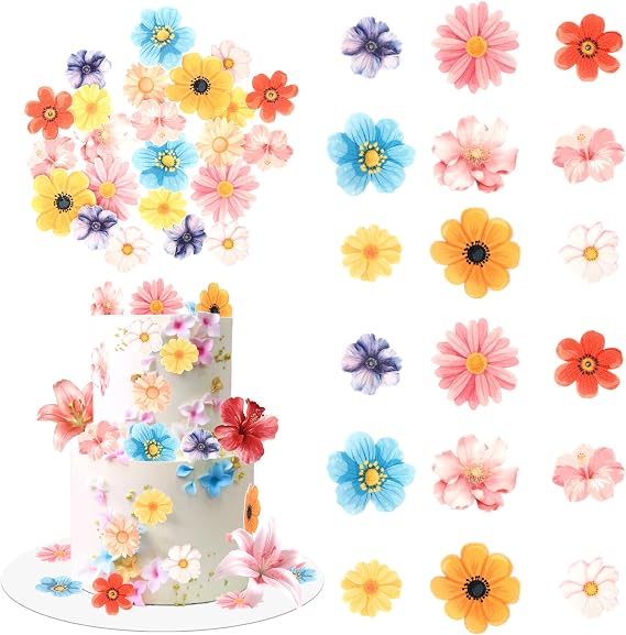 Rsstarxi 60 Pack Edible Colorful Flowers Cupcake Toppers Rice Paper Daisy Sunflower Cherry Blossom Cupcake Picks for Spring Summer Baby Shower Wedding Birthday Party Cake Decorations Supplies