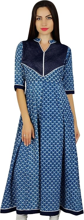 Bimba Women Ethnic Printed Blue Anarkali Kurta Block Print Designer Kurti Casual Wear Dress