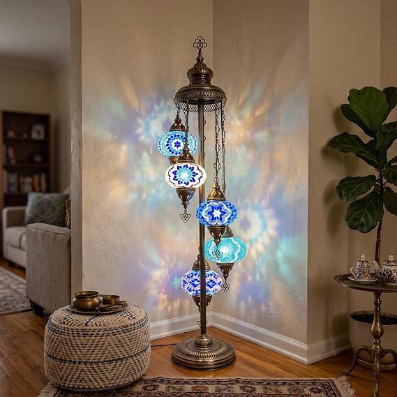 Turkish Mosaic Glass Big 7'' 5 Globe, Bohemian Floor Lamp with Stained Glass Shade - Unique Art Deco Corner Light - Moroccan Design -