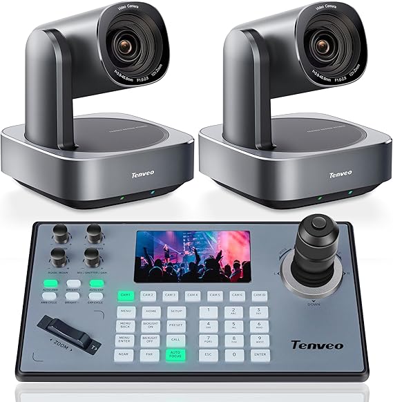 Tenveo PTZ Camera and Controller Bundle- 12X 4K PTZ Camera(2pcs) with HDMI/USB3.0/LAN(PoE) and PTZ Controller Joystick Keyboard Controller for Church Services Live Streaming Conference