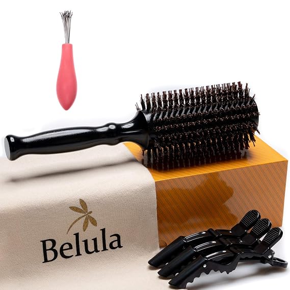 Belula Boar Bristle Round Brush for Blow Drying, Small 1.0 Inch Barrel | Boar bristles and nylon pins, smooths and detangles, less breakage, wooden handle, 3 clips, travel bag, adds volume and body