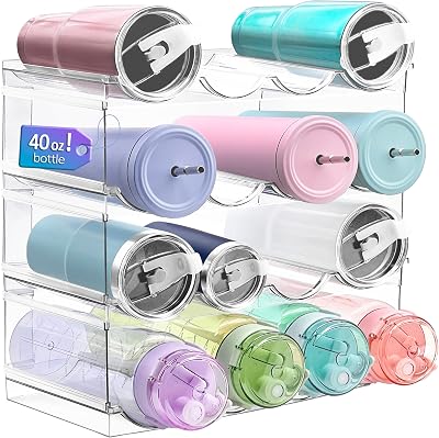 4 Pack Water Bottle Organizer, Large Compartment Stackable Kitchen Pantry Organization and Storage Rack, Plastic Water Bottle Holder for Kitchen Cabinet Organizer and Storage, Tumbler Mug Cup Shelf