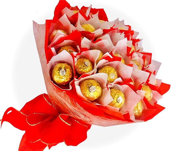 Gourmet Hazelnut Milk Chocolate, Large Candy Chocolate Gift Bouquet, 24 Count Edible Red and White Roses