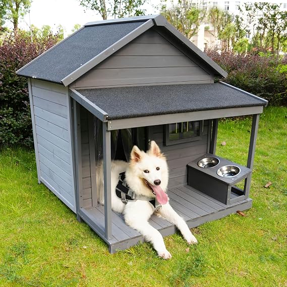 45" Dog House with Porch, Outdoor Indoor Wooden Doghouse with Dog Bowl, Breathable Window, Removable Base Plate, Weatherproof Dog Kennel Pet House for Small Medium Large Dogs, Gray