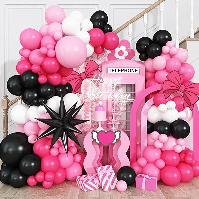 Pink and Black Balloon Arch Kit, 115Pcs Pastel Hot Pink Black White with Explosion Star Foil Latex Balloon Garland for Girls Women Birthday Theme Baby Shower Party Decorations