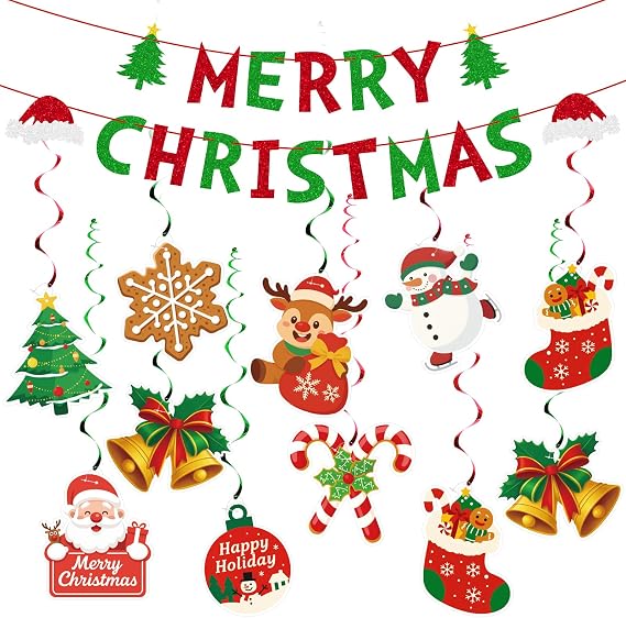 jijAcraft 38Pcs Merry Christmas Banner Xmas Decorations - Pre-Assembled Hanging Swirl, Christmas Decorations Indoor, Christmas Party Decor for Wall, Ceiling, Mantel, Home, Classroom, Office, Party