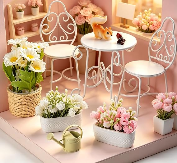1/12 Dollhouse Table Chair&Sets, 9Pcs Mini Garden Furniture and Accessories | 9Pcs Metal Dollhouse Fairy Garden Bistro Outdoor Furniture Set with Jasmine, Daisies, Squirrel and Kettle for doll lovers