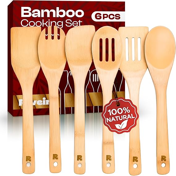 Riveira Bamboo Cooking Spoons 6-Piece Wooden Cooking Utensils Set with Wooden Spoons for Cooking & Spatulas Wooden Utensil Sets Premium Kitchen Utensils Set Durable First Apartment Essentials