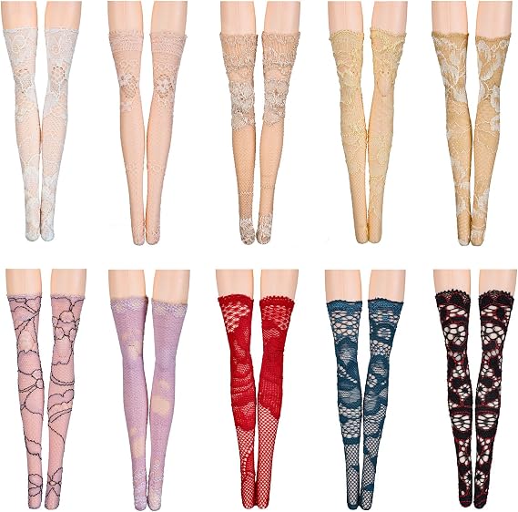 Sotiff 10 Pairs Doll Lace Stockings Handmade Long Sock Christmas Doll Accessories Legging for DIY Clothes Toy(Classic Style)