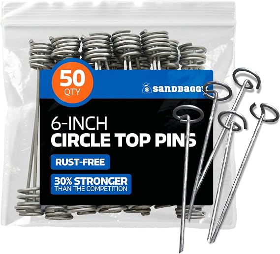 Sandbaggy 6 Inch Landscape Staples, 8 Gauge Galvanized Circle Top Garden Stakes, Heavy Duty Ground Pins for Weed Barrier Fabric, Sod, Turf, Netting and Erosion Control, 50 Pack