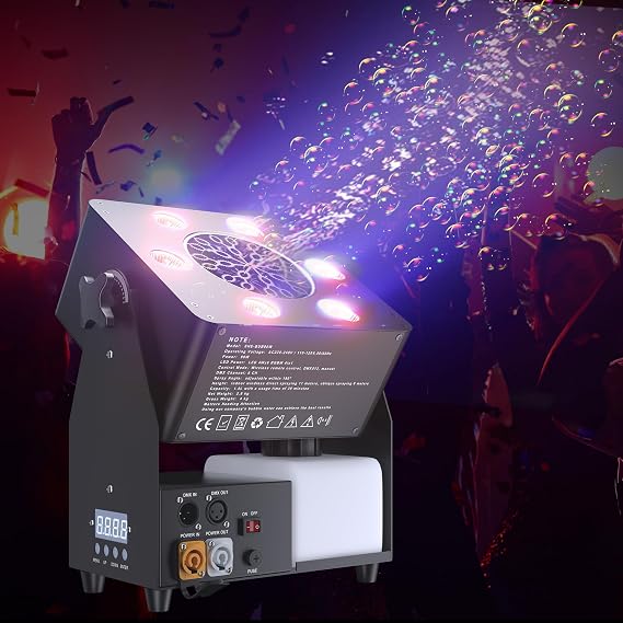 SHEHDS 90W Bubble Machine with LED 6x4W RGBW, Powerful 7-Blade Fan Engine, Manual Tilt 180 Adjustment, Automatic Bubble Maker, Large Foam Output Adjustable Angle, for Stage, Party, Wedding, Concert