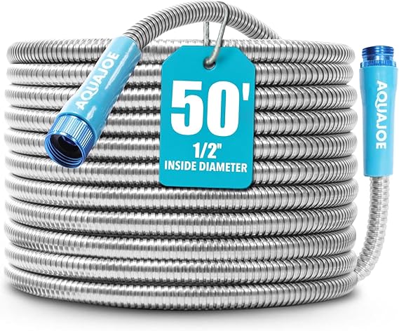 Aqua Joe 50-Foot Heavy Duty Garden Hose, Spiral 304 Stainless Steel Metal Hose, Puncture Proof, 1/2 Inch Diameter with Aluminum Fittings, AJSGH50