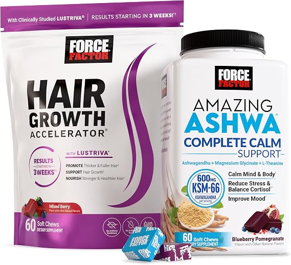 Force Factor Hair Growth Accelerator Soft Chews, Lustriva & Biotin to Promote Thicker, Stronger, Fuller Hair, Hair Growth Vitamins for Women + Amazing Ashwa Complete Calm with KSM-66 Ashwagandha